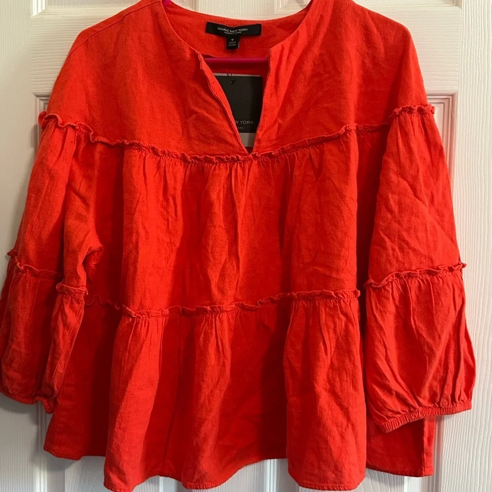 Marc New York Orange / Red 3/4 Sleeve Linen Blouse NWT Size Medium - Picture 1 of 3